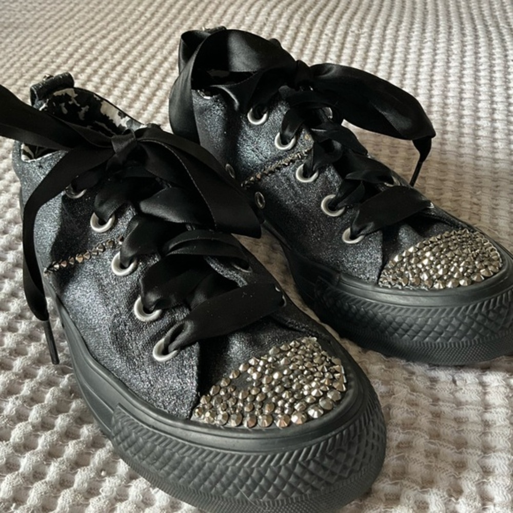 Custom Converse AllStars Black Glitter Rhinestone bedazzled Low tops, MSRP $350